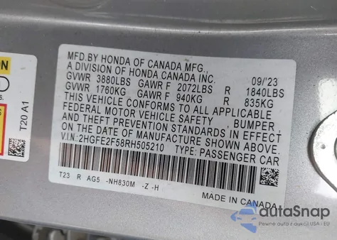 2024 Honda Civic Sport from USA, damaged, VIN 2HGFE2F58RH505210